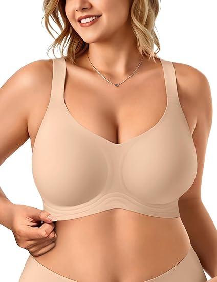 Vertvie Bras for Women No Underwire Wireless Support Bra Underarm-Smoothing Seamless Push Up Full Coverage T-Shirt Sports Bra (Large, Beige)