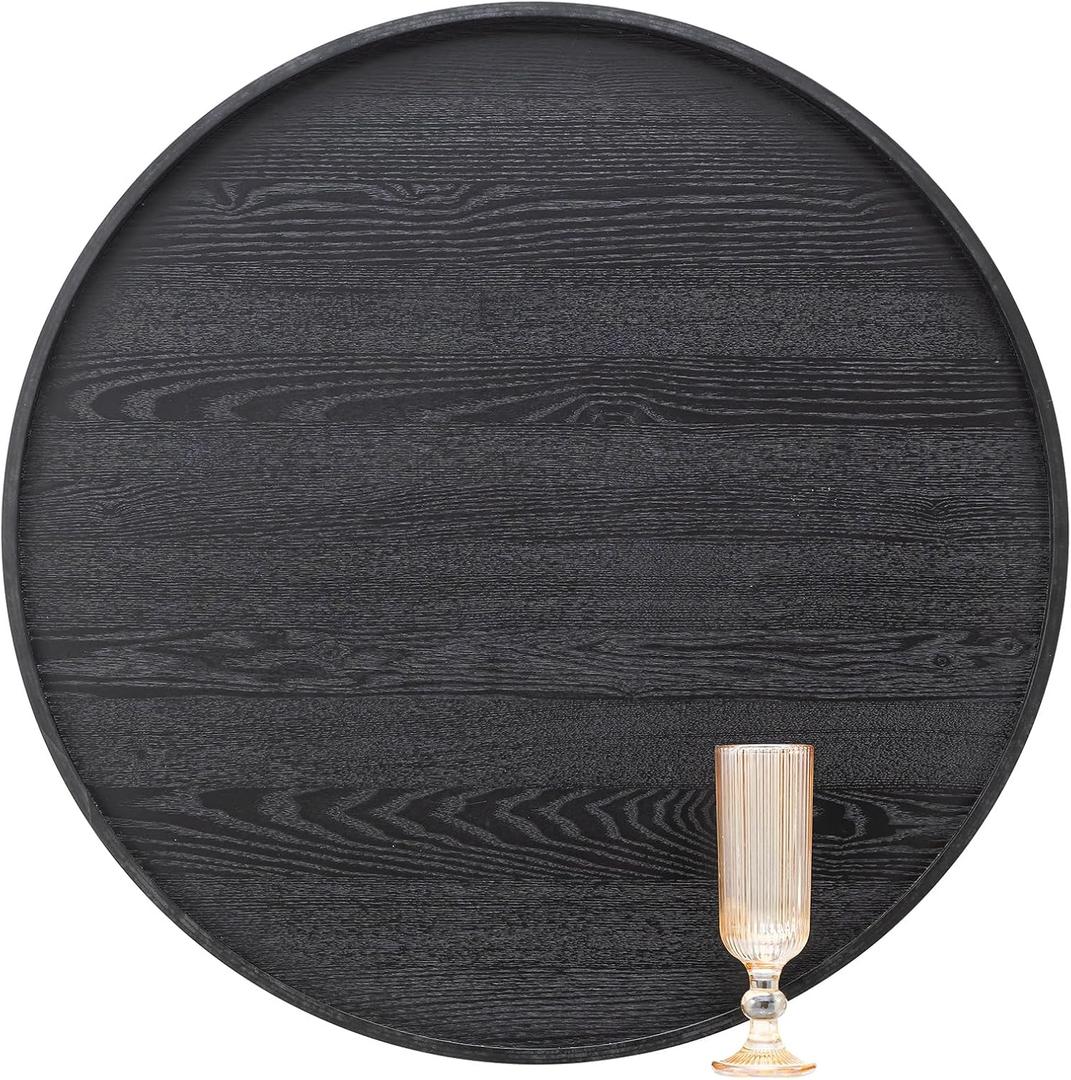 24 inch Round Solid Wood Serving Tray Extra Large Tea Coffee Snack Food Meals Serving Plate Non-Slip Kitchen Party Bar Server Ottoman Tray Breakfast Tray with Raised Edges Black