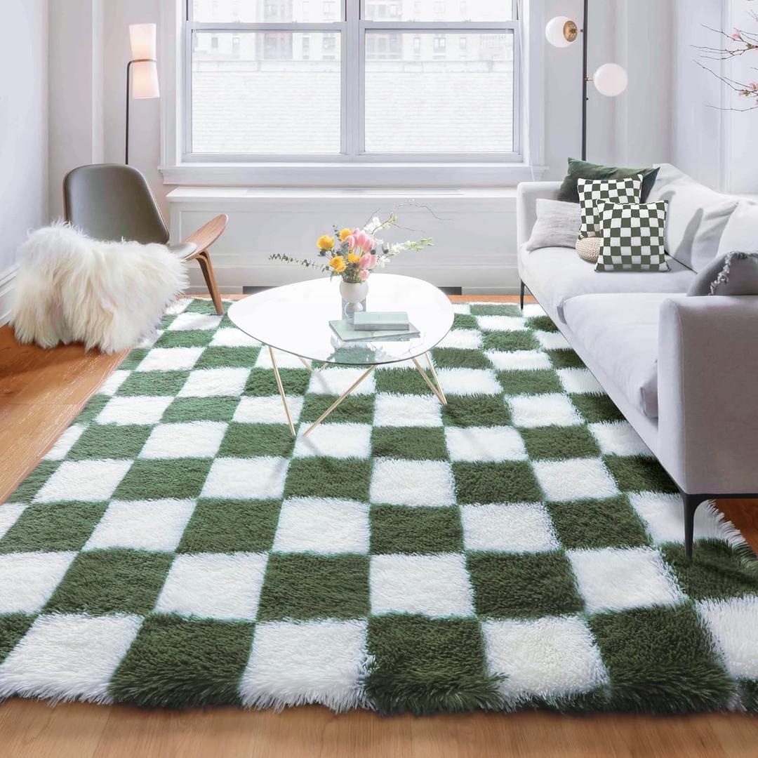 KICMOR Rugs for Living Room 5x8 Olive Green and White, Large Fluffy Soft Plush Checkered Area Rug Big Fuzzy Shag Shaggy Carpet for Bedroom, Indoor Floor Rug for Nursery Kids Childrens Toddler Room