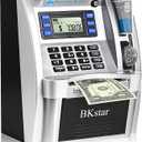 ATM Piggy Bank for Real Money for Kids/Boys with Power-Off Memory, Debit Card, Onekey Shutdown, Coin Recognition, Target Setting, Bill Feeder, Balance Calculator, Savings Machine Box (Standard Version, Black/Silver)