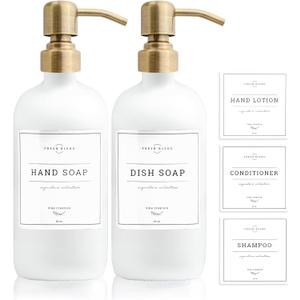 Vine Creations White Glass Soap Dispenser, 2 Pack Kitchen Soap Dispenser Set with Stainless Steel Pump, 16 oz Dish Soap and Hand Soap Dispensers for Bathroom with Waterproof Labels (Matte White Bottle / Brushed Brass Pump)