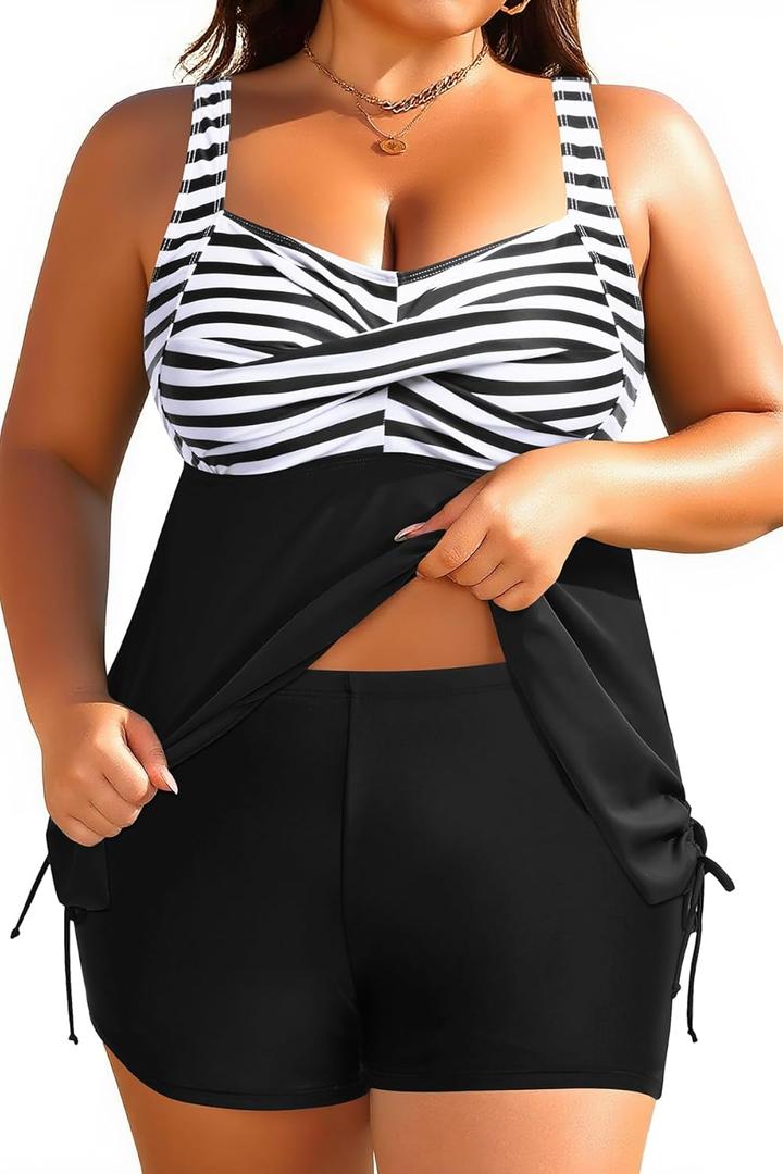 Aqua Eve Women Plus Size Tankini Swimsuit Two Piece Flowy Swimdress Bathing Suits with Shorts Black and White Stripes 20W
