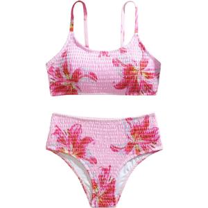 Girl's 2 Piece Floral High Waisted Swimsuit Smocked Wireless Bathing Suit Boho Holiday Beachwear Set (Pink) for 15 yrs