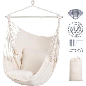SUNCREAT Hammock Chair Hanging Rope Swing Seat-Max 450lbs Capacity, Extra Large Hanging Swing with Metal Support Bar, Side Pocket, Beige