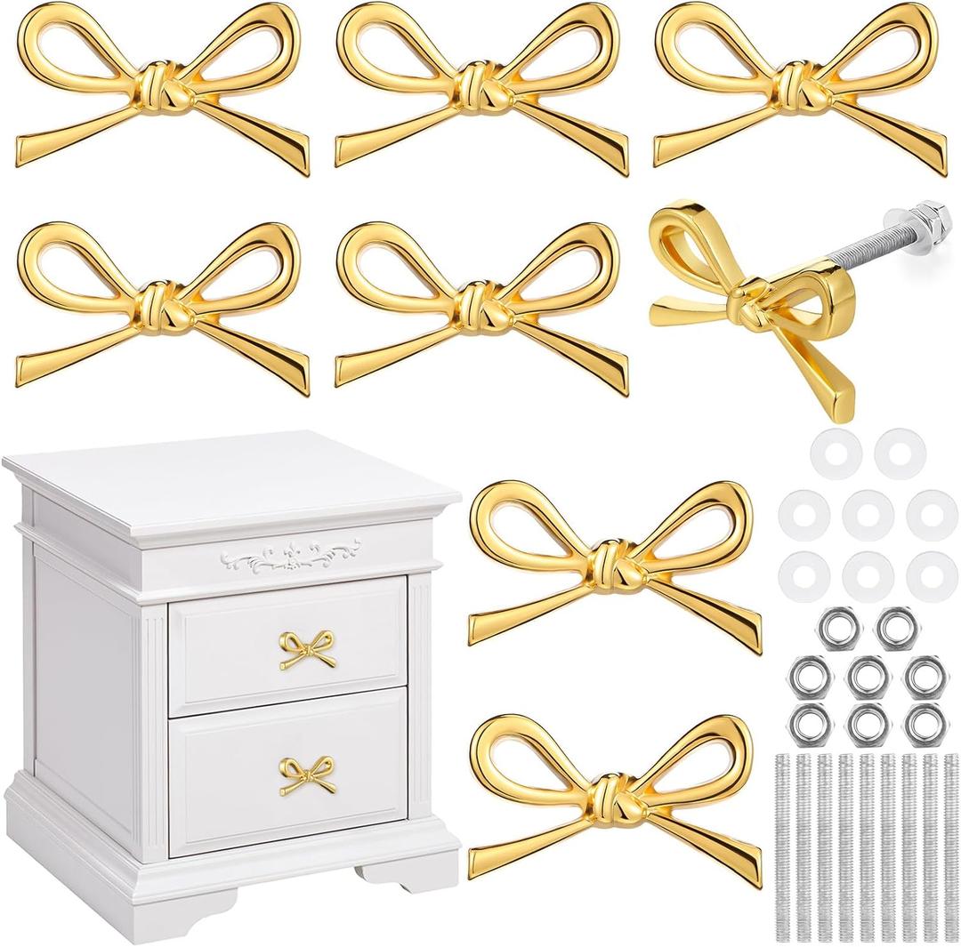 8 Pcs Gold Bow Drawer Knobs Metal Bow Knobs for Dresser Vintage Dresser Handles Pulls Gold Cabinets Handles for Home Bedroom Kitchen Cabinets Hardware Cupboard, 1.6 x 1 Inches
