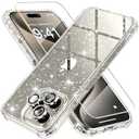 BERFY for iPhone 15 Pro Case Glitter, with 9H Tempered Screen Protector + 3X Diamond Camera Lens Protectors, [Non-Yellowing] Women Clear Sparkly Cute Bling Hard Shockproof Cover 6.1", Shiny Clear