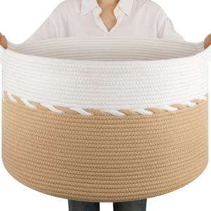 OIAHOMY 90L Blanket Basket for Living Room, Large Basket 23" x 23" x 13" with Handle, Laundry Hamper for Blankets, Pillows, Toy Storage for Kids, Dogs - Yellow & White