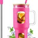 WINSA Glass Tumbler with Straw and Lid, 40 oz glass cup with handle, Glass Water Bottles with Time Marker, Silicone Protective Sleeve-Rose Red