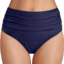 Tempt Me Women's High Waisted Bikini Bottom Tummy Control Ruched Bathing Suit Swim Bottom (Navy Blue) XS