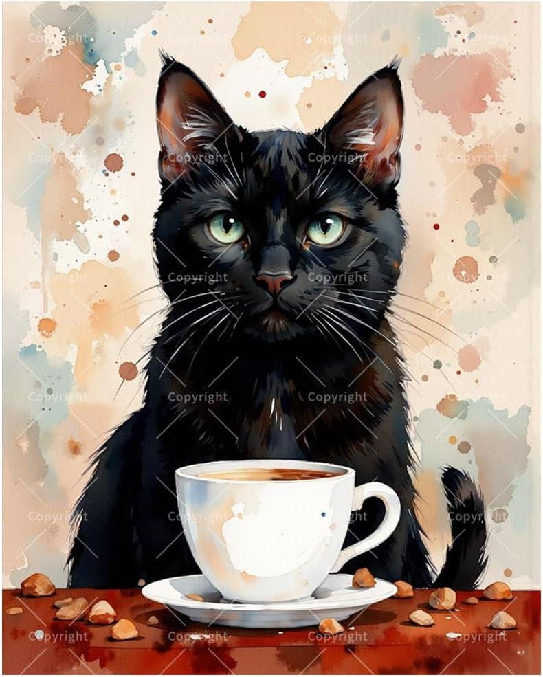 Animal Portrait Paint by Numbers Kit for Adults - DIY Black Cat and Coffee Painting on Canvas, Acrylic Paint Set, Suitable for Beginners, Cozy Art for Home Decoration or Gifts(16X20IN Framed)