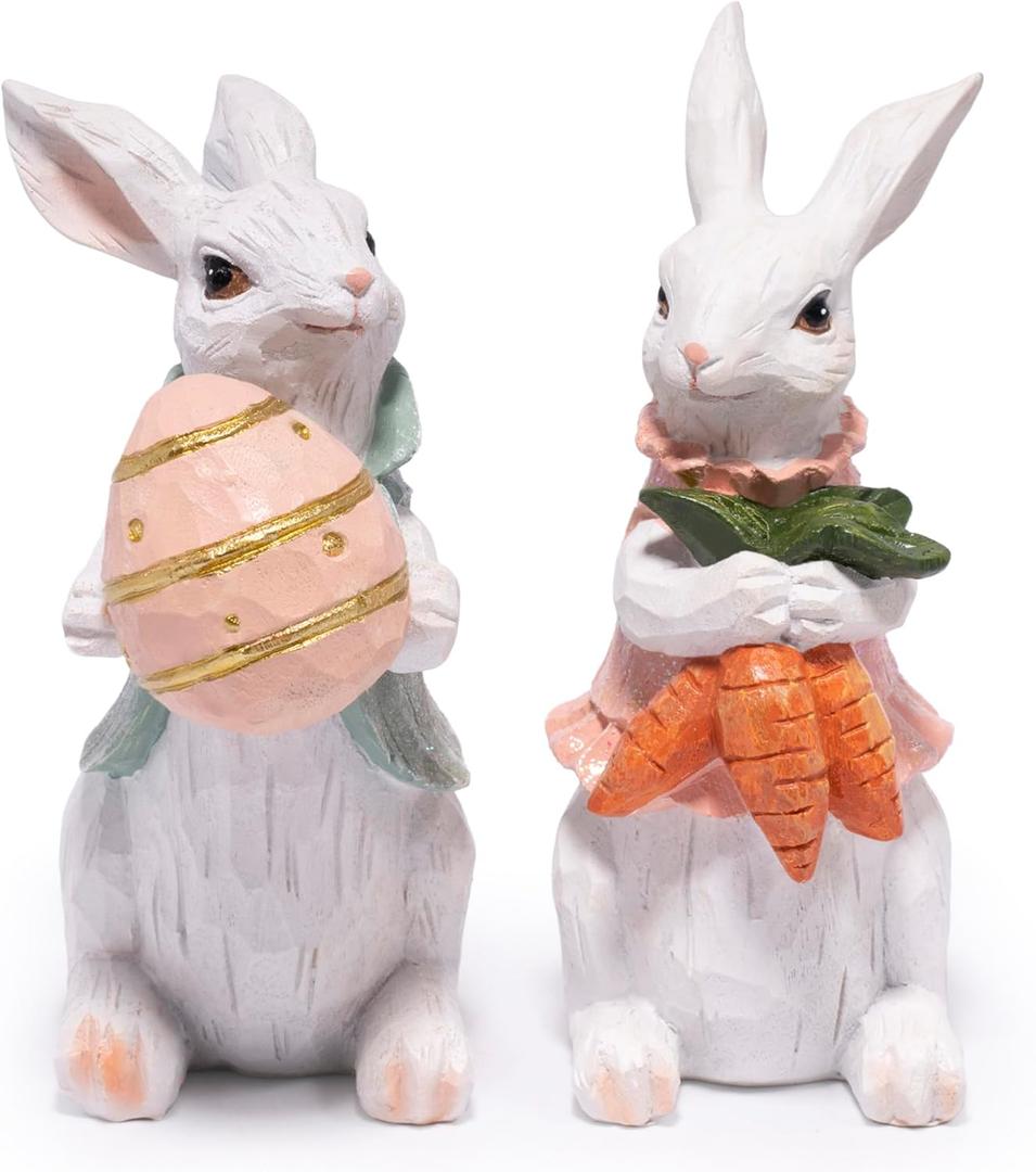 Hodao Handcrafted Wooden Easter Bunny Figurine Decoration  Celebrating Spring with Cute Rabbit, Good for Easter Home Decor  Ideal Gift for Spring Festivals (White-2)