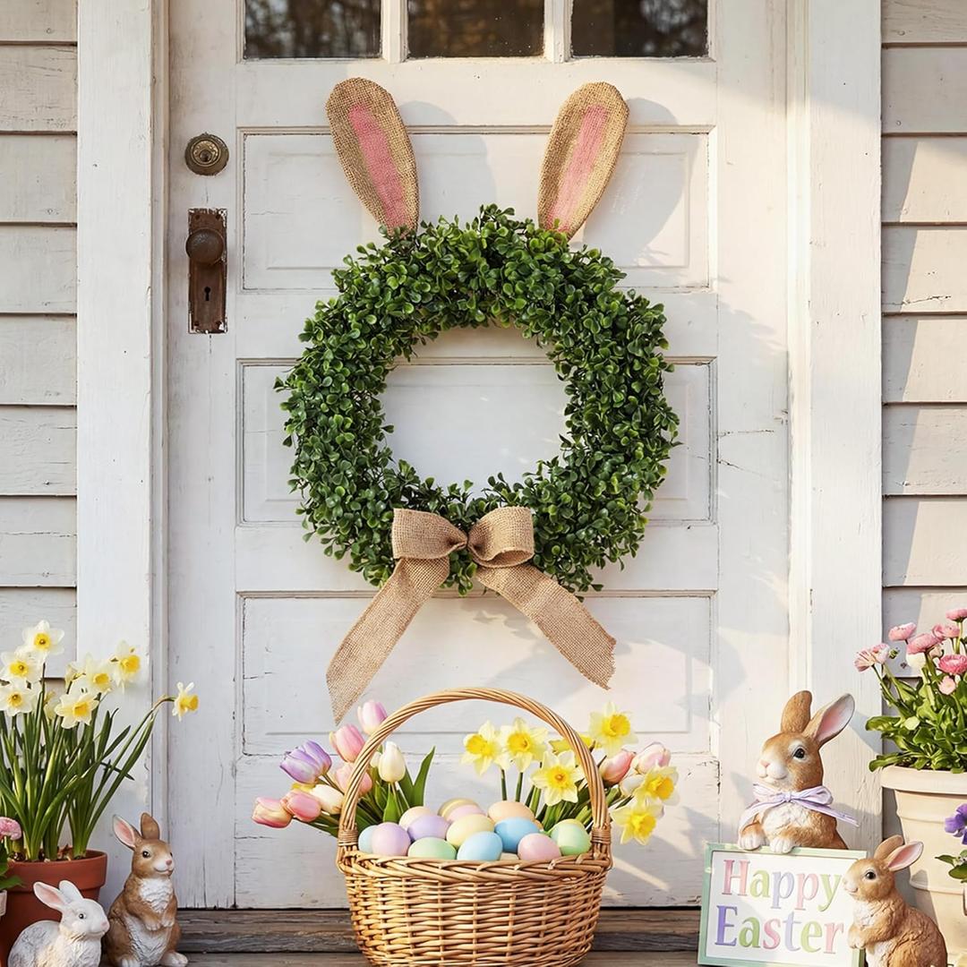 Suncalla 19 inch Easter Bunny Wreath for Front Door Artificial Bunny Wreath with Bow Faux Boxwood Bush Plants Rabbit Spring Door Wreaths for Home Indoor Outdoor Window Wall Party Decor