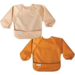 Tiny Twinkle Long Sleeve Bib for Babies & Toddlers | 2-Pack Waterproof Smock Bib for Eating | Machine Washable & Mess-Proof Feeding Essentials | Newborn Shower Gift (Sand Cinnamon, 6–24M)