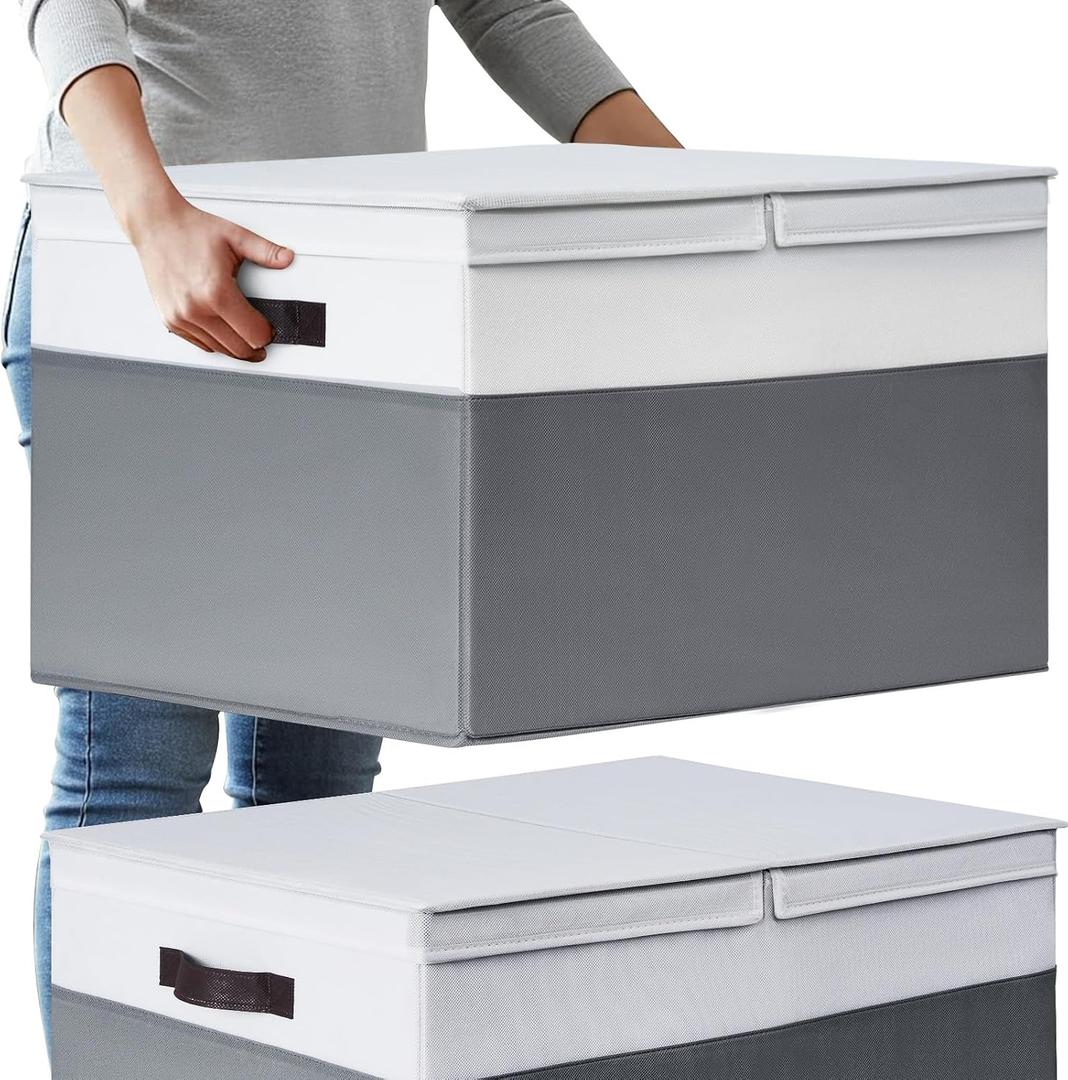 2 Pack EXTRA LARGE Blanket Storage Baskets with Lids, 22x16x12 Closet Organizers Bins for Clothes Towel/ Storage Box with Lid Handles/ Stackable Decorative Fabric Bins for Living Room, Nursery