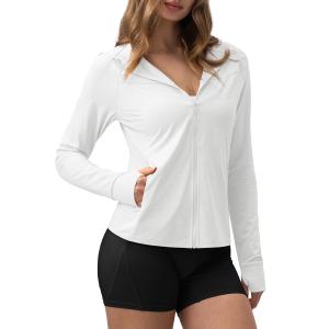 AVGO UV Protection Shirts for Women Light Athletic Jacket, Sun Shirt Long Sleeve Cover Up Clothing with Zipper Pocket (White, Large) (White, L)