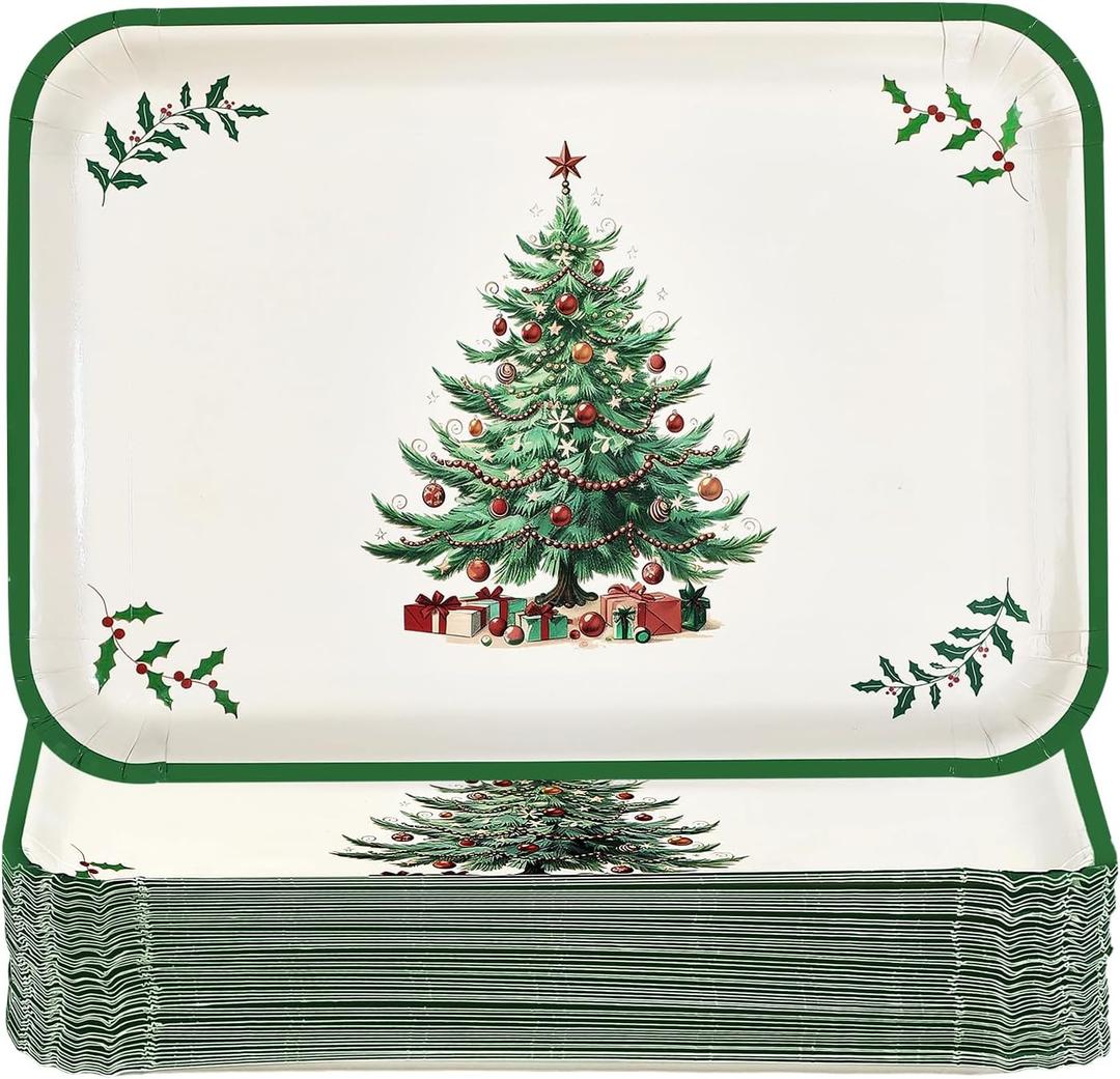 50Pcs Christmas Serving Trays 10 x 14 Inch Large Heavy Duty Xmas Tree Holly Leaf Disposable Platter Holiday Paper Plates for Serving Food Cookies Dessert Winter Festival Party Supplies Table Decor