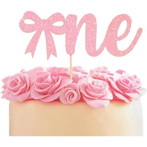 Pink Bow 1st Birthday Cake Topper - Pink Bow Tie One Party Decorations for Girls, Sweet 1st Birthday Photo Smash Props, Baby Girl Cake Topper