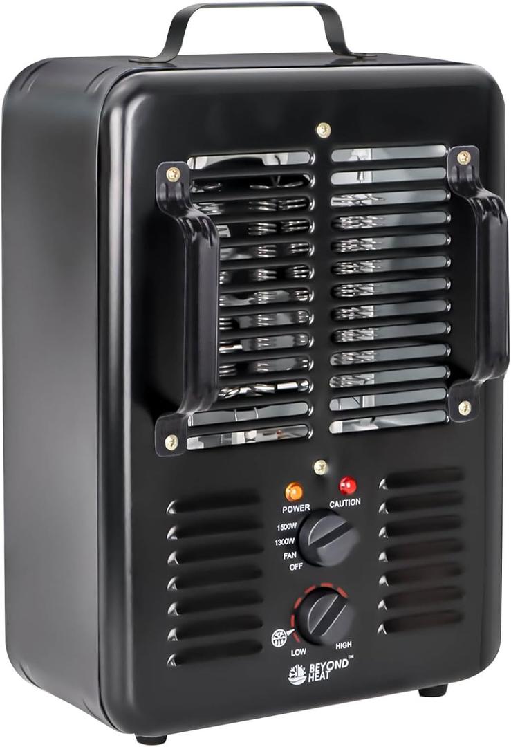 BEYOND HEAT Milkhouse Space Heater, 1300W/1500W Electric Heater with Thermostat, 3 Heat Settings, Safe and Quiet for Home Garage Workshop Warehouse, Black