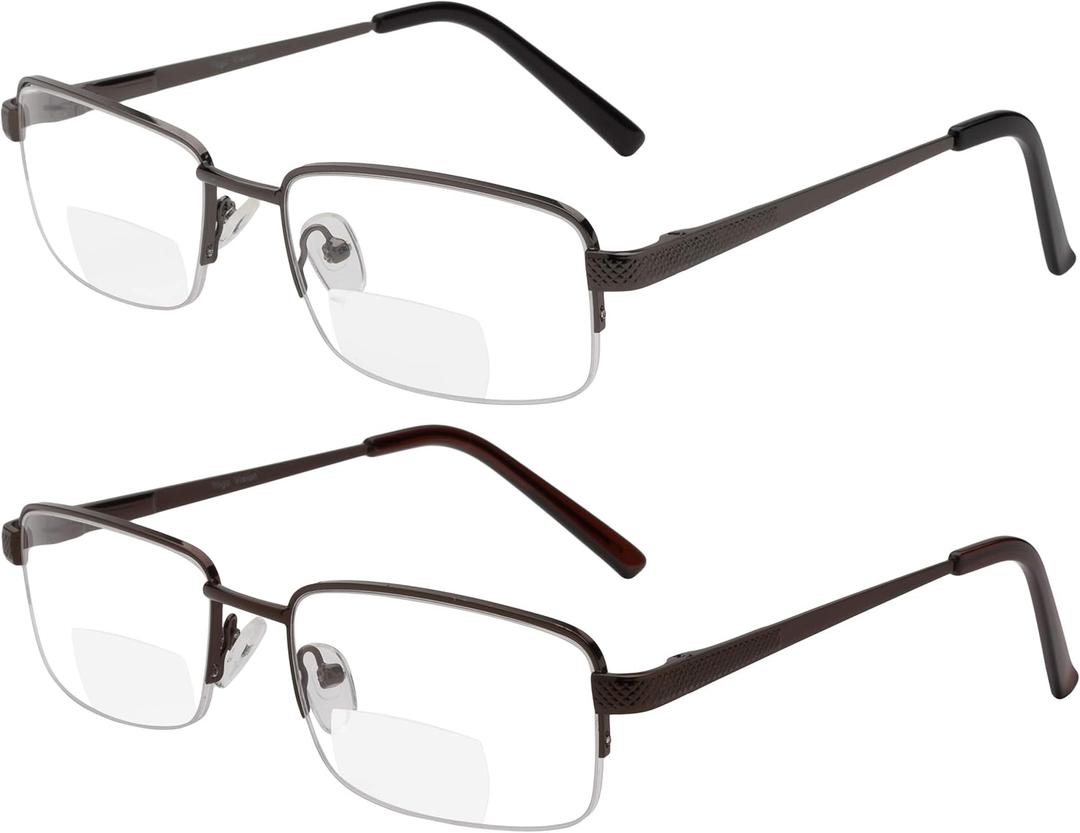 Yogo Vision Reading Glasses Set of 2 Bifocal Half Rim Metal Glasses for Reading Quality Spring Hinge Readers Men and Women Set of Gunmetal and Brown 1.75