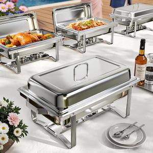 Cxynona Chafing Dishes for Buffet, 9 Qt High Grade Chafing Dish Buffet Set, Rolled-Edge Design Food Warmers for Parties, Buffet, Wedding, Birthday, Camping 4 Pack 4 Pans (Silver)