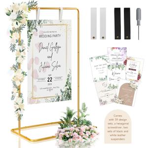 Wedding Sign Holder, 68x31x 20 Welcome To Our Wedding Sign Display Stand with 39 Premium Templates&Leather Straps, Heavy Duty Easel Stand Sturdy Display for Wedding, Birthday, Anniversary