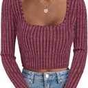 ZESICA Women's Long Sleeve Crop Tops Square Neck Slim Fitted Shirts Casual Basic Tees 2025 Fall Trendy Clothes (Large, Wine)