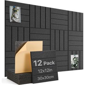 Large Cork Board, 12 Pack 12"X12"X0.4" Felt Bulletin Board Tiles with Self Adhesive for Wall Home Office Decor, Pin Cork Boards-Black