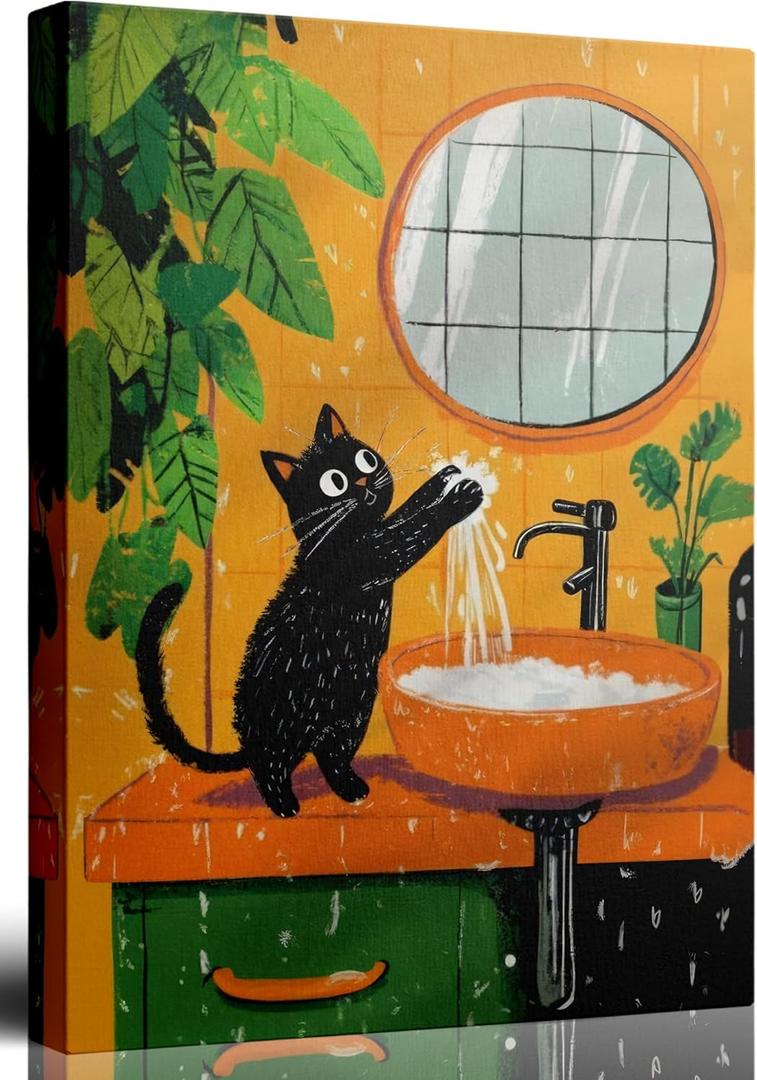 Funny Black Cat Bathroom Canvas Wall Art - Framed Cat Playing with Water Sink Artwork for Bathroom Decor, 12x16 Inch