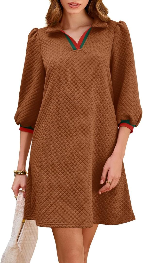 Wenrine Womens 3/4 Sleeve Mini Dress Casual V Neck Collared Textured Loose Fall A Line Argyle Dresses with Pockets (Brown)