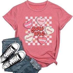 Women's Valentine Shirts Retro Candy Couple Love Heart Teacher You are Enough T-Shirt Casual Lover Gift Blouse Tops (Pink, XL)