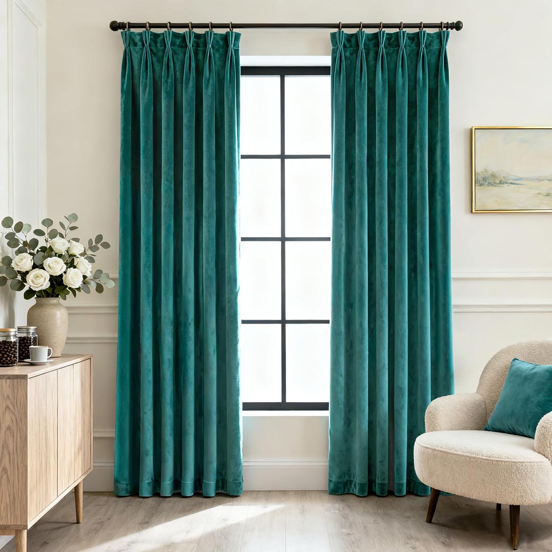 Pinch Pleated Teal Velvet Curtains 96 inch Length 2 Panel Set for Living Room Soft Modern Elegant Plush Velvet Luxury Fabric Room Darkening Window Drapes Thermal Insulated Bedroom Curtain Peacock Blue