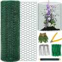 Plant Protectors from Animals, 16.4 x 16In Green PVC Coated Galvanized Chicken Wire Mesh Roll, 0.8mm Free-Cut Plant Cage with Ties, Stakes, Gloves, Pliers & Floral Wire (33Ft*23.6In(23.6X 394 Inch))