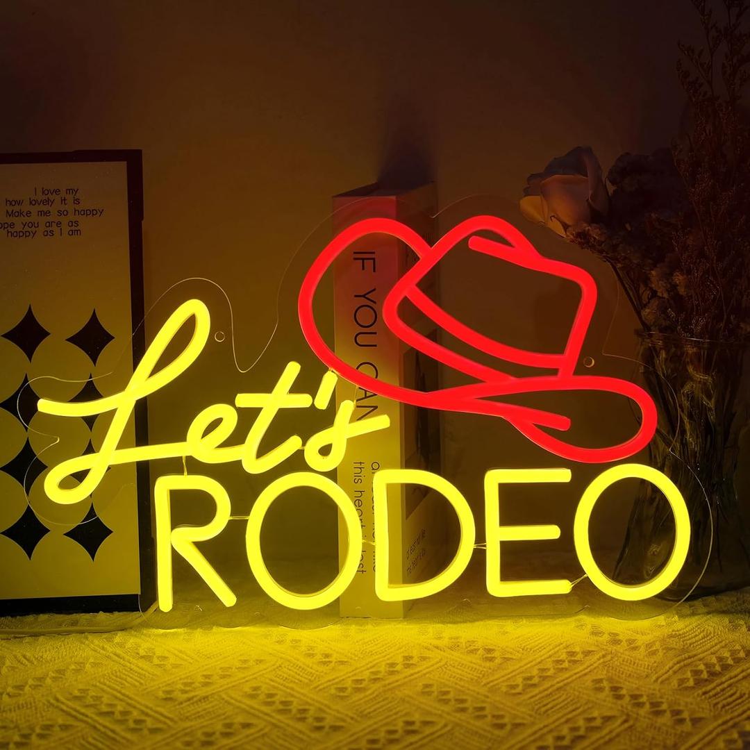 Let's Rodeo Neon Sign for Wall Decor Dimmable Cowboy Hat Led Lights Signs LED Signs for Game Room Cowboys Neon Light Room Decor for Farm Bar Game Room Man Cave Decoration Boys Gift