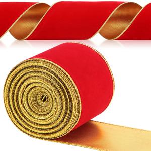 Yungyan Velvet Ribbons with Gold Edge Felt Ribbon Gift Bow Wrapping Ribbon Waterproof for Handmade, Home Decor, Gift Wrapping, Wreath DIY Crafts, Christmas Tree(Red Gold,4 Inch X 35 Yards)
