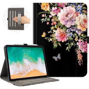 Vimorco for iPad Pro 11 Inch Case M5/M4 2025/2024, Pink Flower for iPad Pro Case 11 Inch M5/M4 for Girls & Women, Pencil Holder/Hand Strap/Pocket, Adjustable Angle, Auto Sleep/Wake, Floral Butterfly