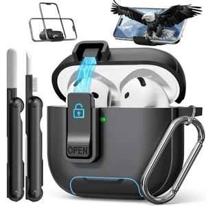 Pack Of 2 Compatible with AirPods 4th Generation Case with Phone Stand & Cleaning Kit,Magnetic Automatic Lock for Airpods 4 with Active Noise Cancellation Charging Cover(Black)