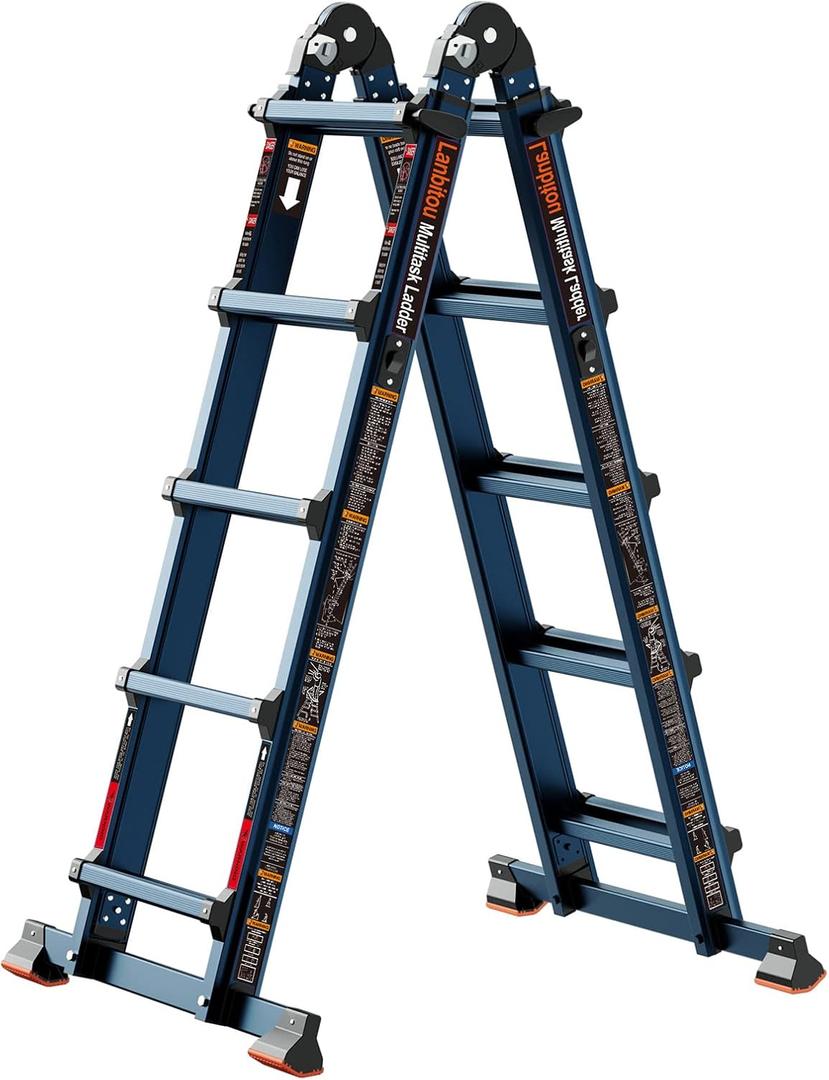 LANBITOU Ladder, A Frame 5 Step Ladder Extension, 17 Ft Anti-Slip Multi Position Ladder, Storage Folding Ladder, 330 lbs Security Load Telescoping Aluminum Ladders for Stairs Home Indoor Outdoor Roof