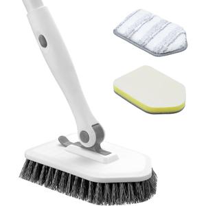 nacena Shower Scrubber with Long Handle, 4 in 1 Tile Tub Scrubber Brush with 3 Detachable Cleaning Shower Heads and Floor Squeegee Shower Cleaner Brush for Bathroom Kitchen Tub Sink Floor, Grey White