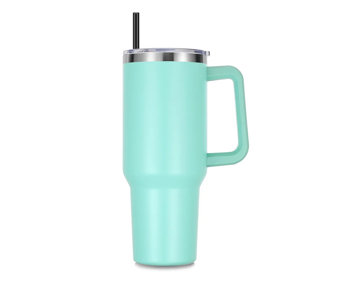 DOMICARE 40 oz Tumbler with Handle and Straw, Stainless Steel Tumbler with Lid and Straw, Reusable Vacuum Insulated Cup, Travel Coffee Mug, Mint Green, 1Pack