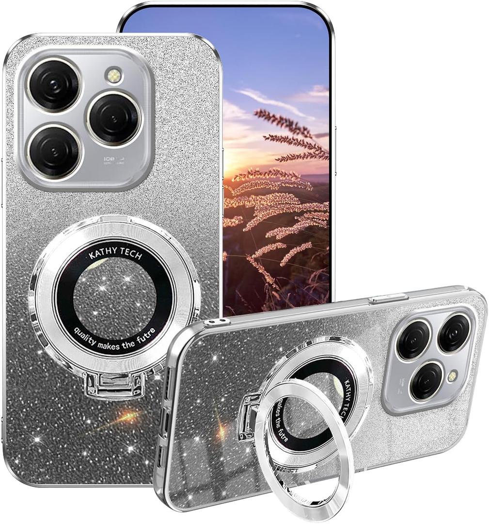 Compatible with Tecno Spark 20 Pro Case Silicone with Ring Holder, for Tecno Spark 20 Pro Phone Case Glitter Transparent Double Layer Detachable Soft TPU Shockproof Protective Slim Cover (Silver)