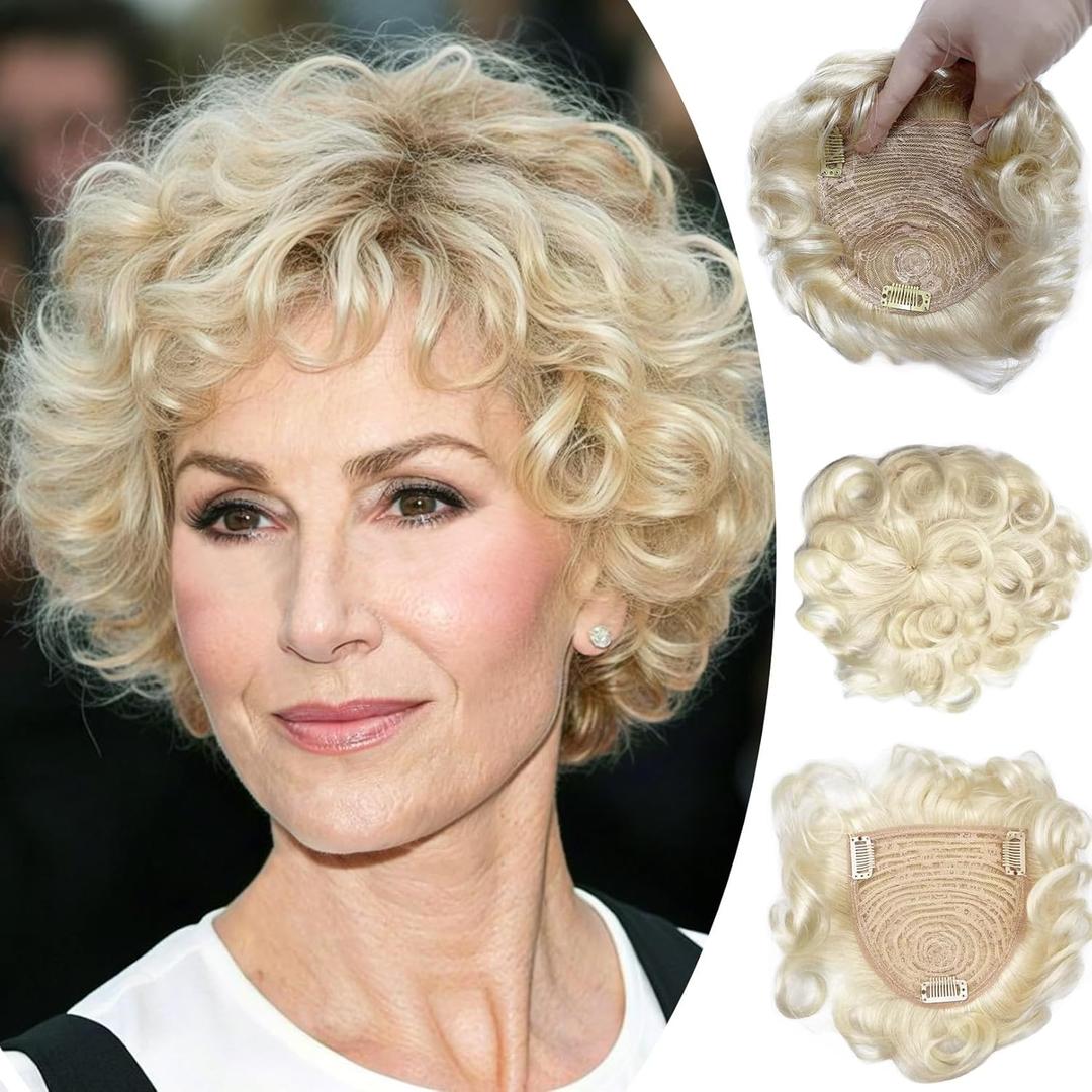 Short Curly Blond Toupee Clip in 100% Real Human Hair Curly Topper Fluffy Hair Piece Clip in Hairpiece Top -Topper with Bangs Wavy Topper Hair Piece for Women 6" Blond Color