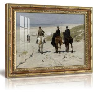 VIYYIEA 13x16 Inch Glass Gold Framed Wall Art, Vintage Beach Horse Riding Coastal Canvas Painting, Impressionist Equestrian Artwork, Home Decor for Living Room Bedroom and Office