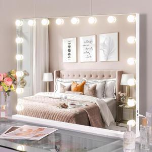 Hansong Large Vanity Makeup Mirror with Lights 32"X23" Lighted Hollywood Mirror with 18 Dimmable Bulbs, 3 Color Light Settings, USB Port, Bedroom Makeup Mirror for Tabletop