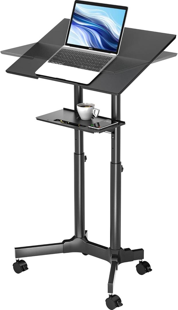 1home BONTEC Lecterns & Podiums Portable Mobile Standing Laptop Desk, Sit Stand, Height Adjustable Home Office Classroom Pulpit Stand Up Desk Workstation, Rolling Table Laptop Cart with Storage Tray (2 shelves)