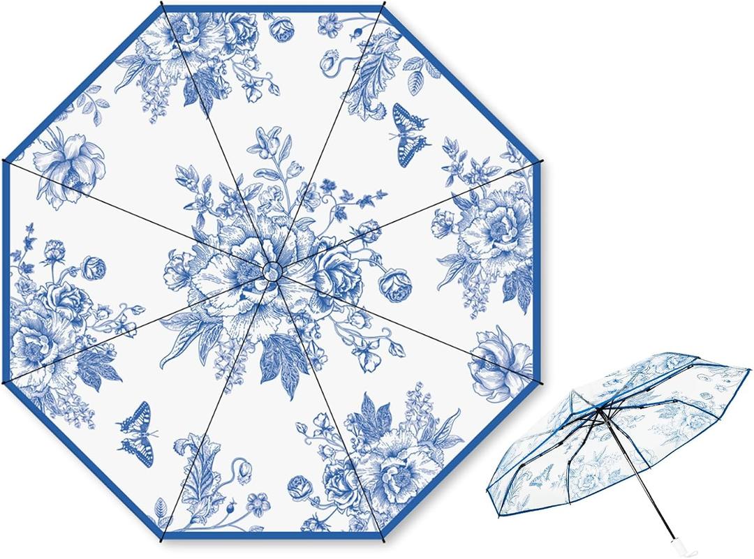 Whaline Blue Floral Clear Travel Umbrella Vintage Flower Waterproof Windproof Compact Umbrellas Transparent Chinoiserie Folding Umbrella for Wedding Birthday