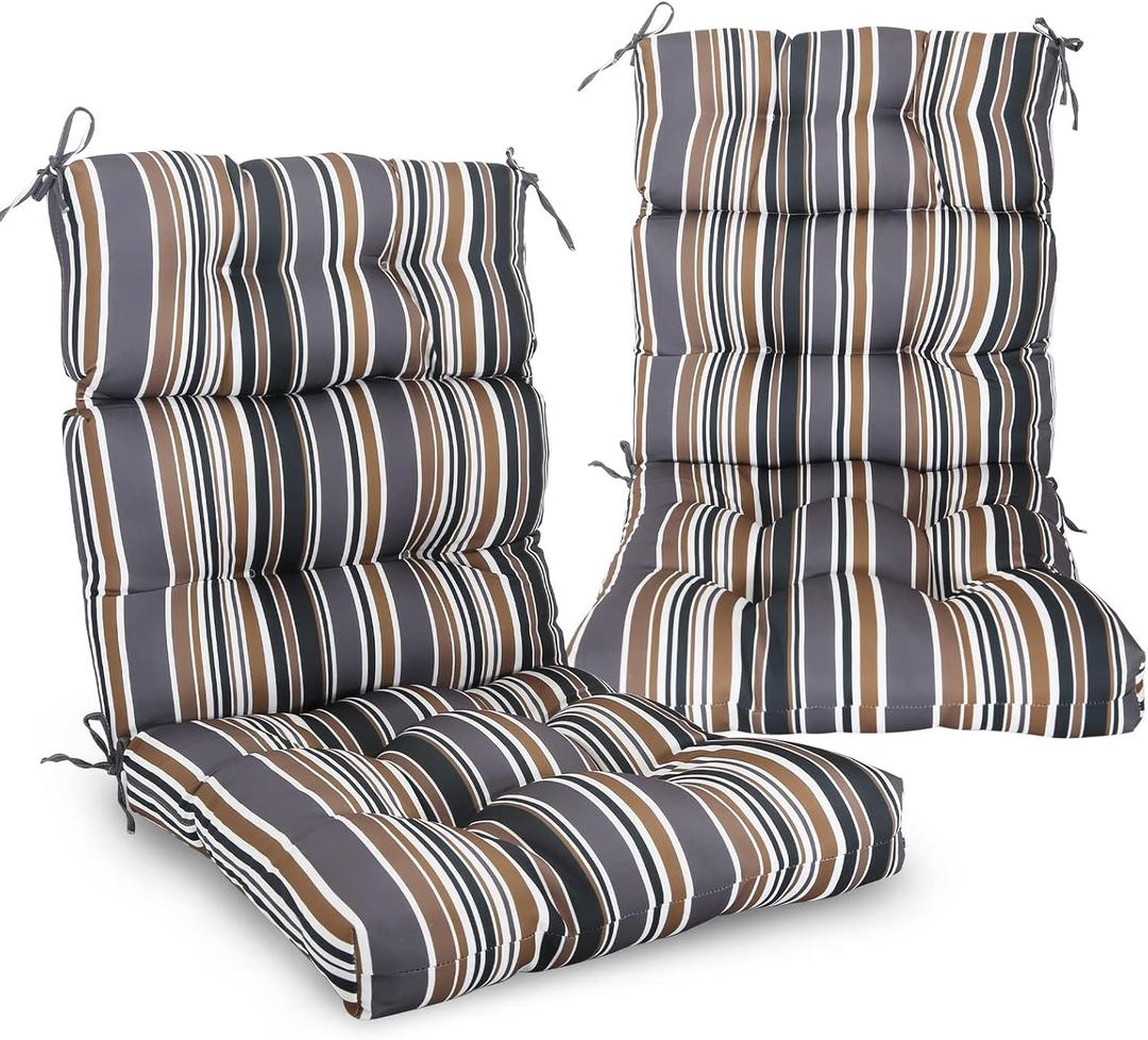 EAGLE PEAK Tufted Outdoor/Indoor High Back Patio Chair Cushions, Set of 2, 46'' x 22'', Brown Stripe