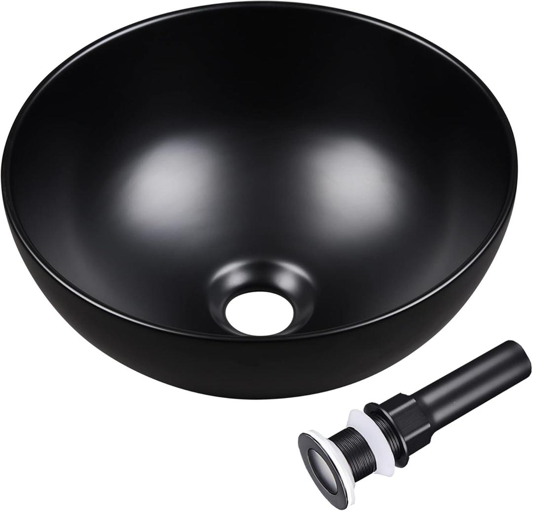 Aquaterior Porcelain Bathroom Vessel Sink 12" Round Vanity Bowl Basin with Pop up Drain Above Counter Countertop RV Black Industrial Modern
