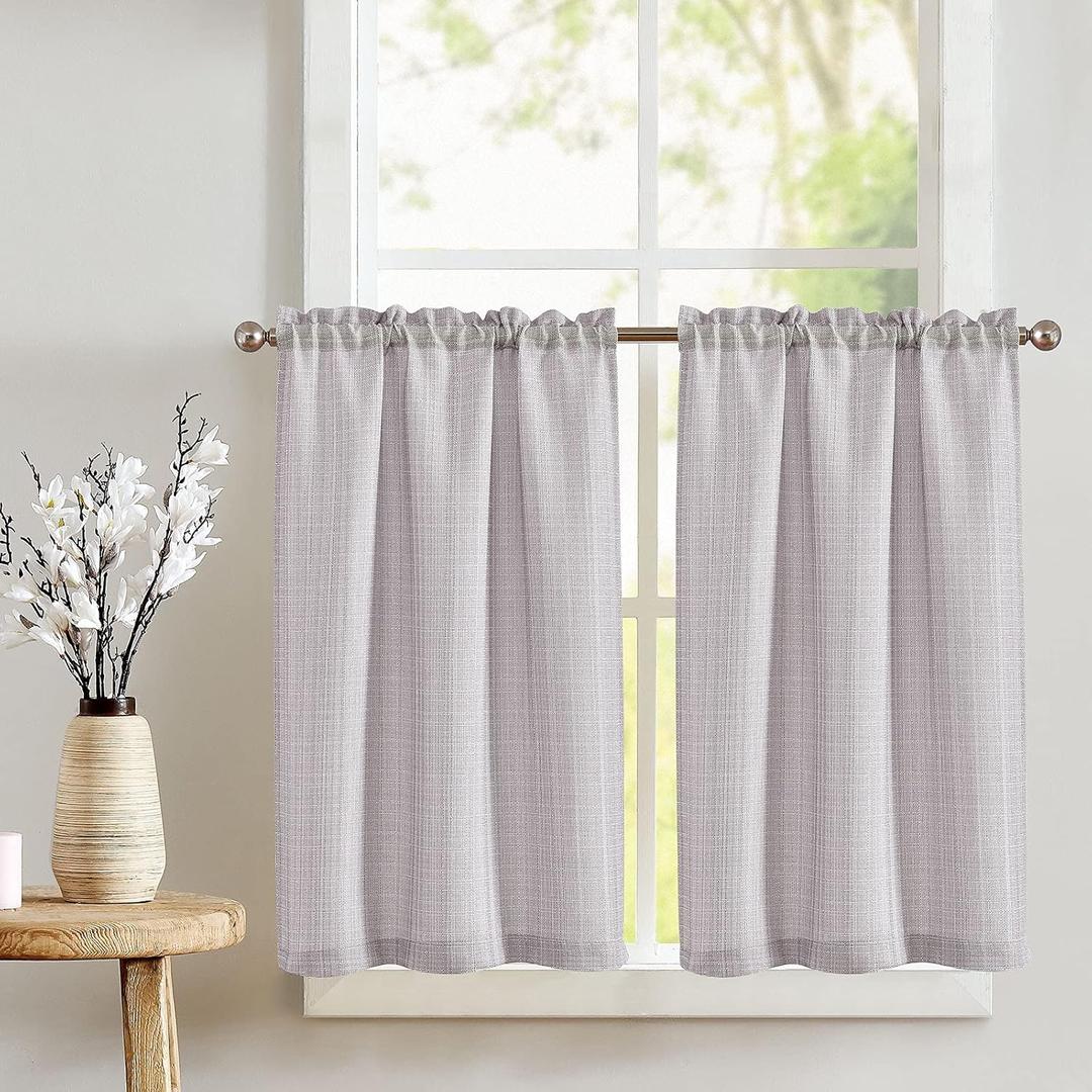 jinchan Kitchen Curtains 24 Inch Linen Textured Cafe Tier Curtains for Living Room Bathroom Farmhouse Half Window Set Light Filtering Rod Pocket Drapes for Small Windows 2 Panels Light Heathered Grey
