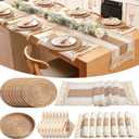 8 Sets Boho Decoration Placemats Round Woven Placemats, Cloth Napkins, Wood Bead Napkin Rings, Long Table Runner and Farmhouse Burlap Cotton for Table Kitchen (Khaki,12x108)