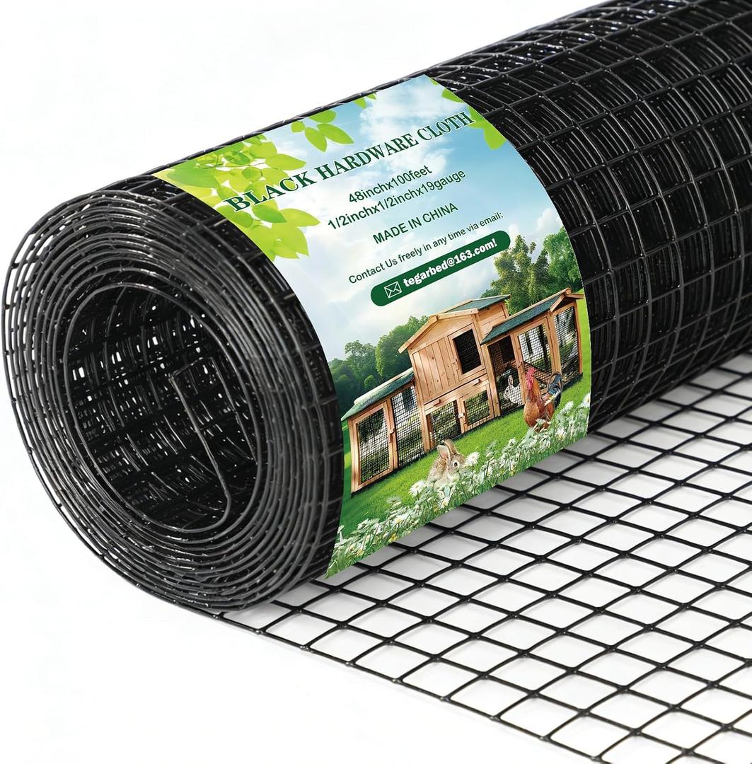 Gbekery Black Hardware Cloth 1/2inch 48in x 100ft 19 Gauge, PVC Coated Galvanized Steel Chicken Wire Fence Roll Garden Plant Welded Metal Wire Fencing Roll, Rabbit Cages Snake Fence, Black